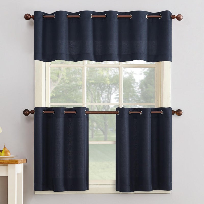 No. 918 Montego Casual Textured Semi-Sheer Grommet Curtain Valance, 56" x 14" Kitchen Tier Pair, Navy Blue - Image 3